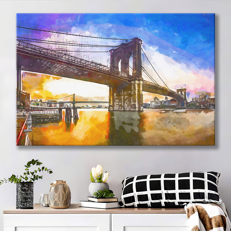 Brooklyn Bridge New York City Dawn City Art Watercolor Canvas Prints Wall Art Home Decor, Large Canvas
