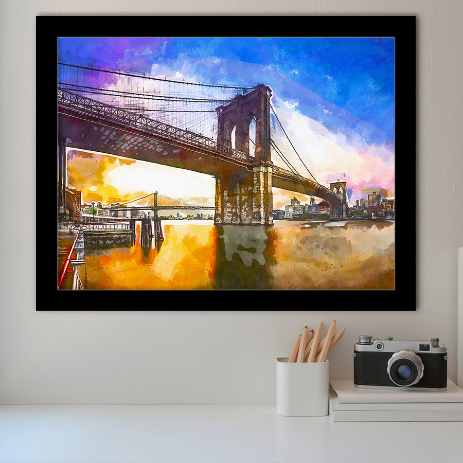 Brooklyn Bridge New York City Dawn City Art Watercolor Framed Art Prints Wall Art Decor,Framed Picture