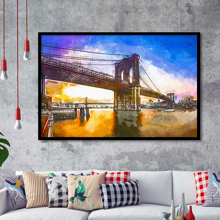 Brooklyn Bridge New York City Dawn City Art Watercolor Framed Art Prints Wall Art Decor,Framed Picture