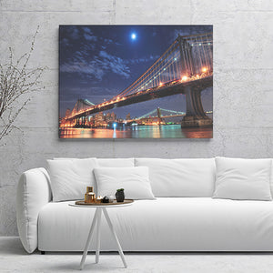 Brooklyn Bridge And Manhattan Bridge Over East River At Night Canvas Wall Art - Canvas Prints, Prints for Sale, Canvas Painting, Canvas On Sale