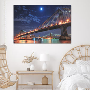 Brooklyn Bridge And Manhattan Bridge Over East River At Night Canvas Wall Art - Canvas Prints, Prints for Sale, Canvas Painting, Canvas On Sale