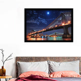 Brooklyn Bridge And Manhattan Bridge Over East River At Night Framed Wall Art Prints - Framed Prints, Prints for Sale, Framed Art