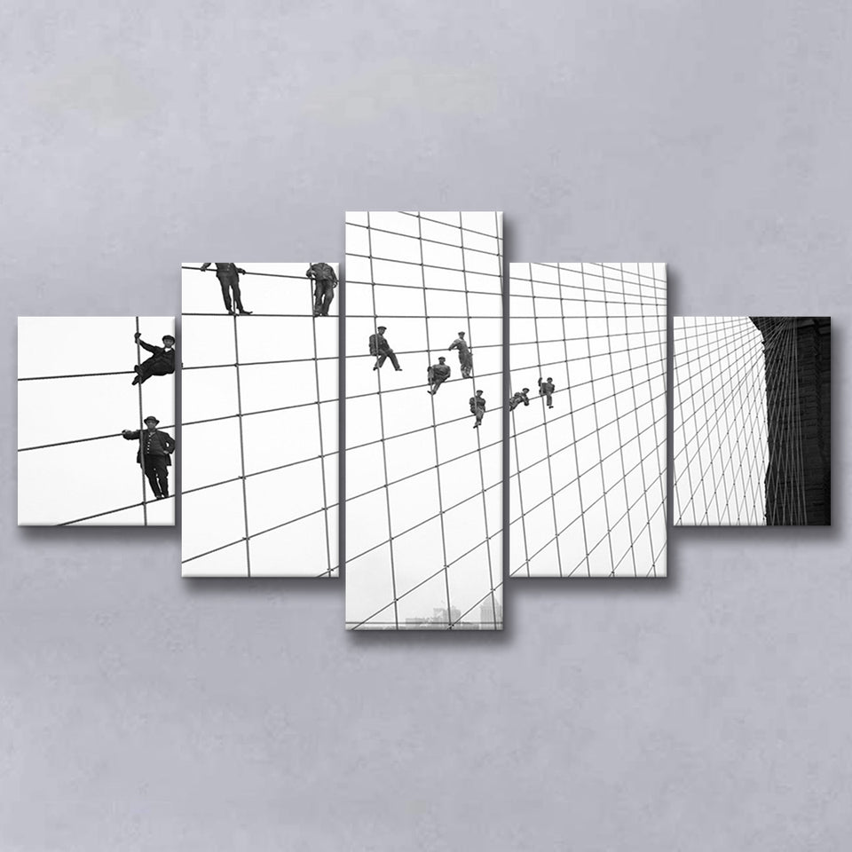 Brooklyn Bridge Black And White Print, Painters On The Brooklyn Bridge 5 Panels, Canvas Prints Wall Art Decor, Large Canvas Art
