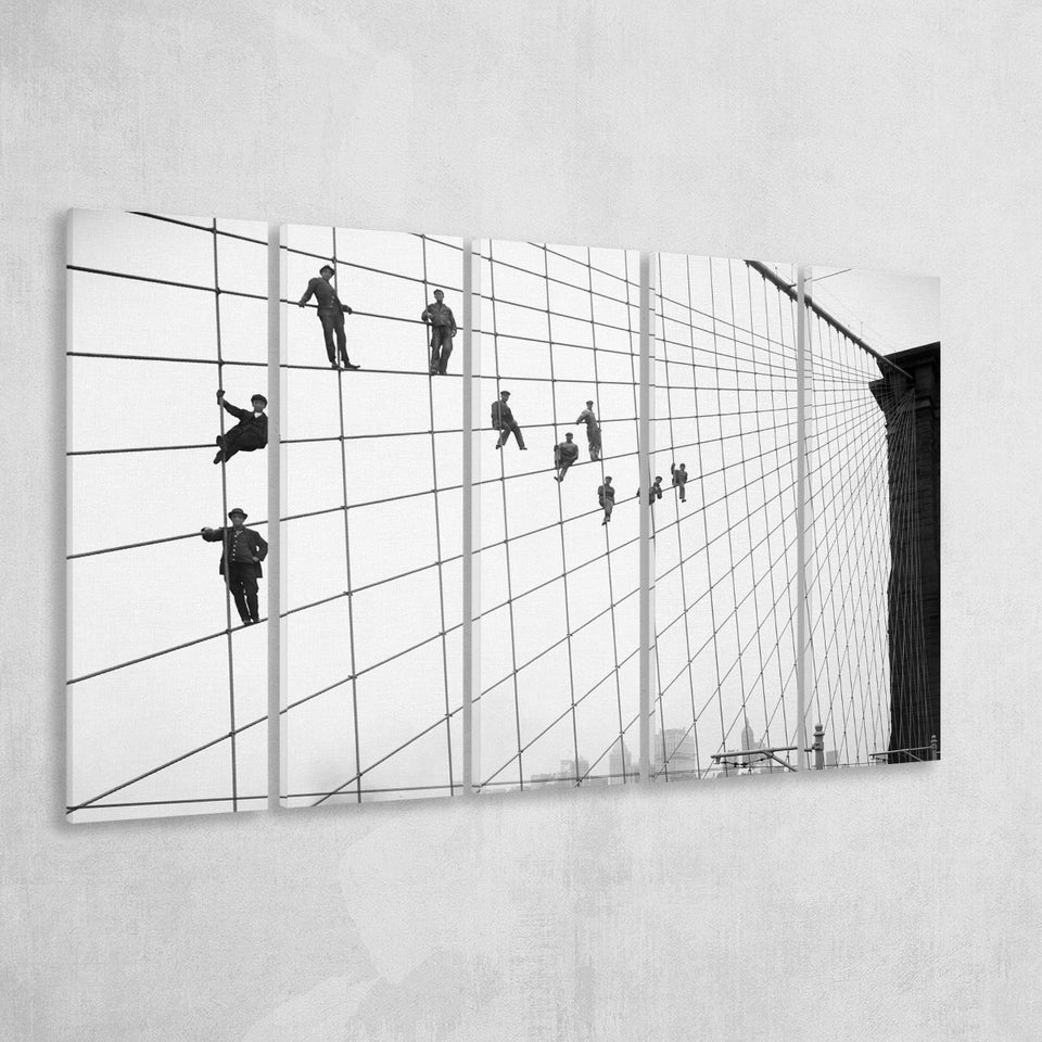 Brooklyn Bridge Black And White Print, Painters On The Brooklyn Bridge Larger Canvas Art, 5 Piece Canvas Prints Wall Art Decor