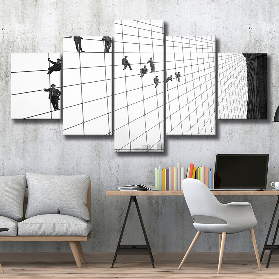 Brooklyn Bridge Black And White Print, Painters On The Brooklyn Bridge 5 Panels, Canvas Prints Wall Art Decor, Large Canvas Art