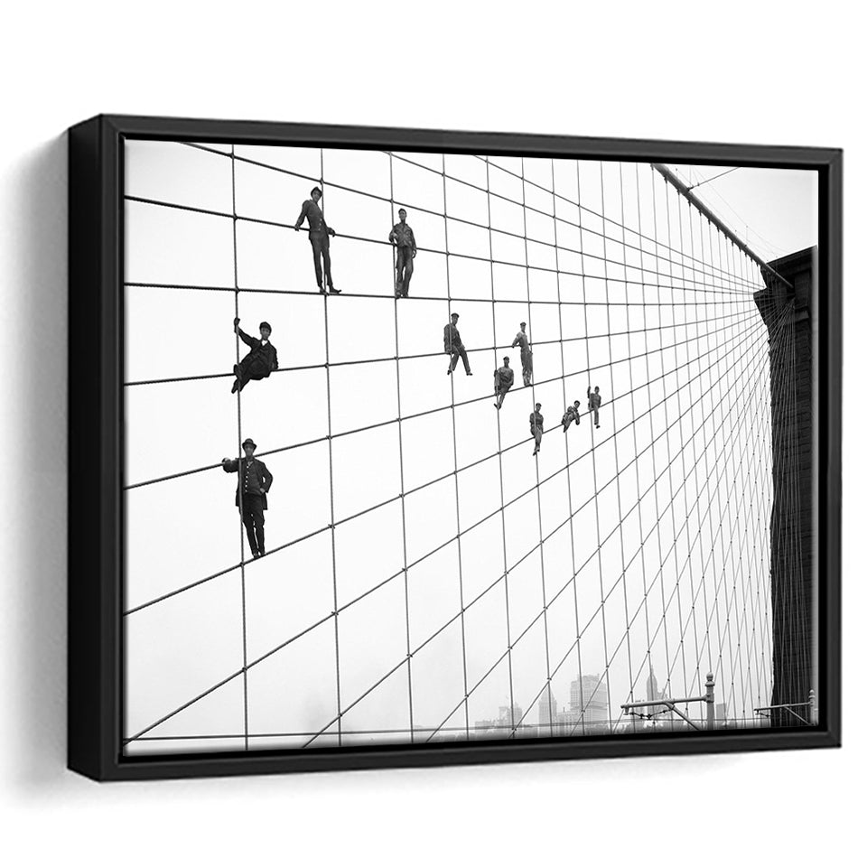 Brooklyn Bridge Black And White Print, Painters On The Brooklyn Bridge Framed Canvas Prints Wall Art Home Decor,Floating Frame