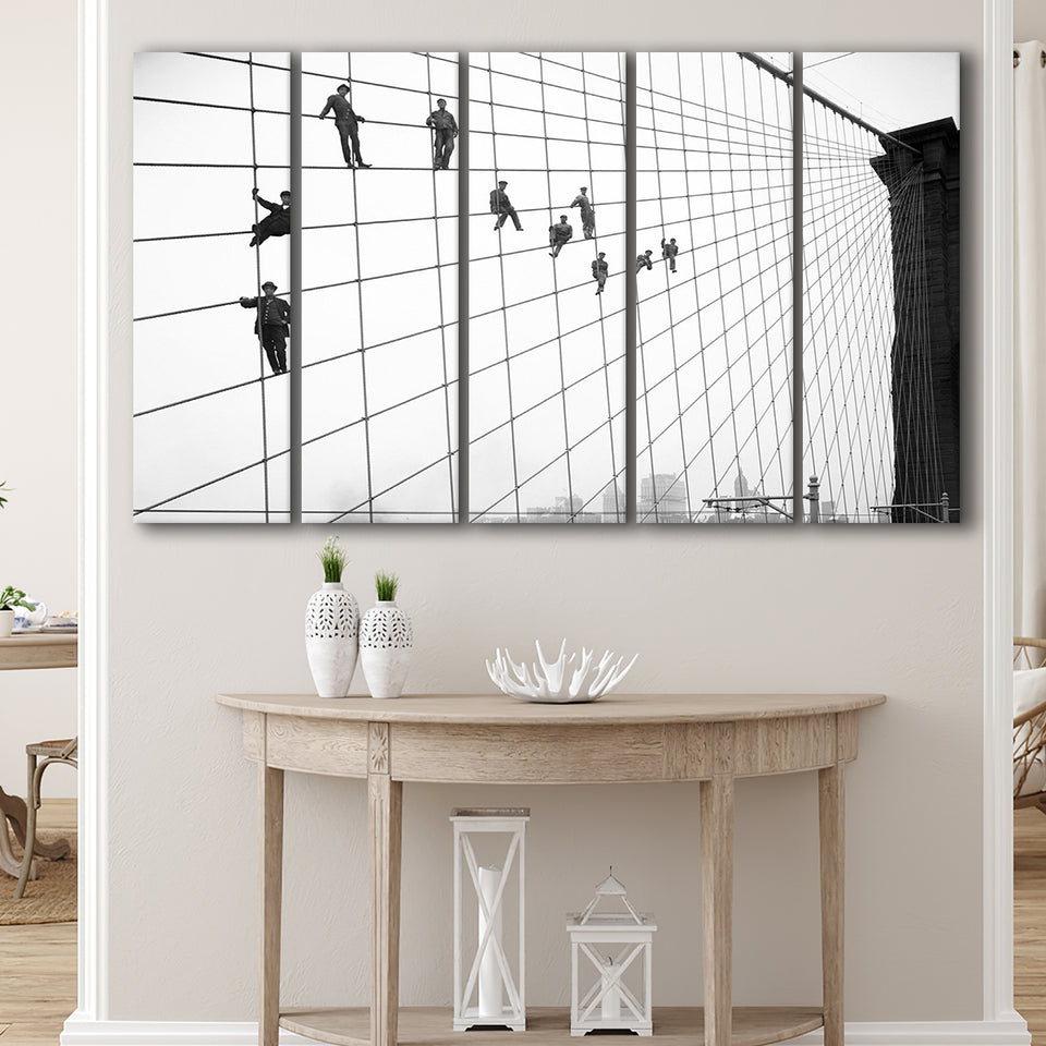 Brooklyn Bridge Black And White Print, Painters On The Brooklyn Bridge Larger Canvas Art, 5 Piece Canvas Prints Wall Art Decor