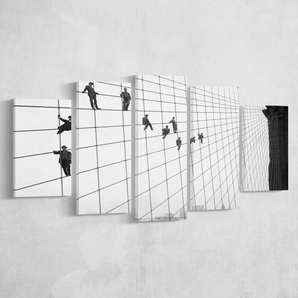Brooklyn Bridge Black And White Print, Painters On The Brooklyn Bridge 5 Panels, Canvas Prints Wall Art Decor, Large Canvas Art