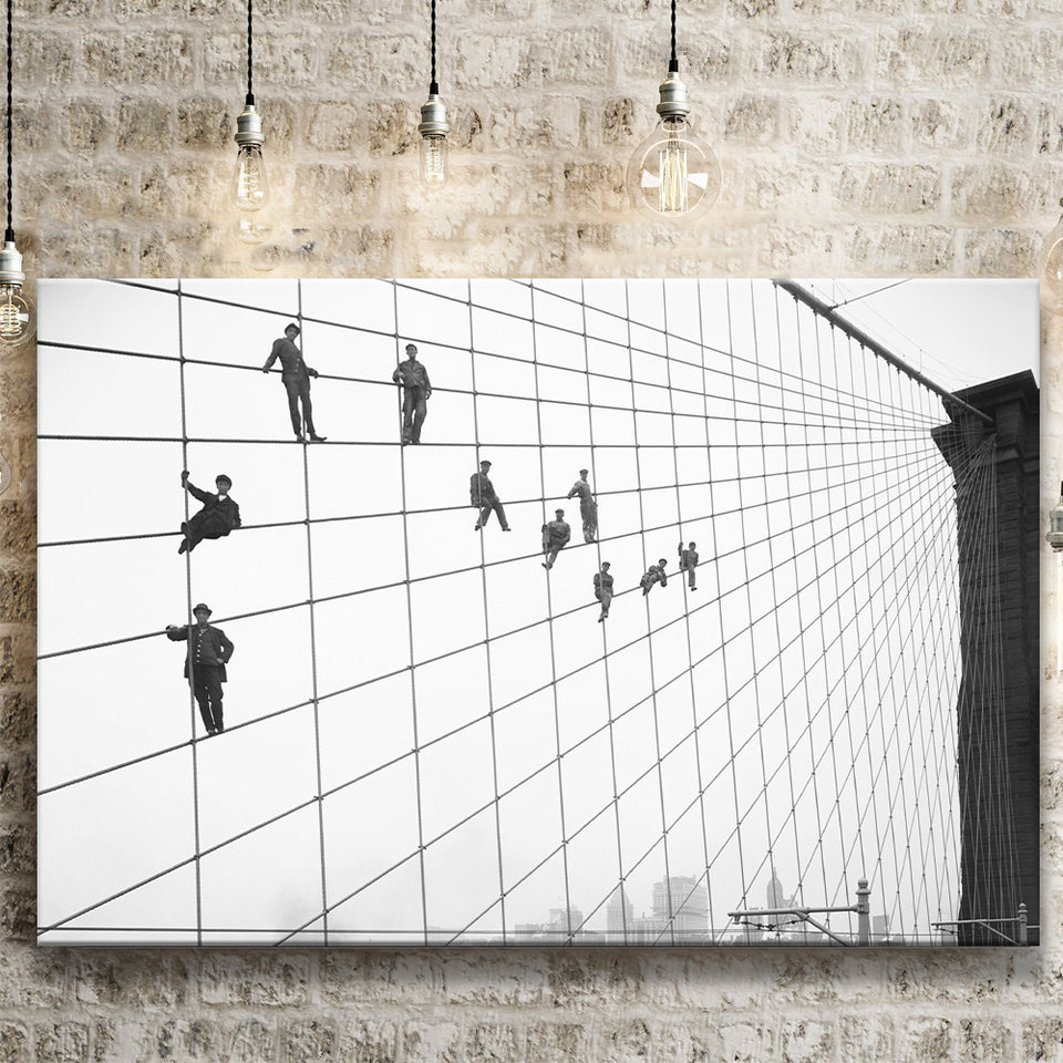 Brooklyn Bridge Black And White Print, Painters On The Brooklyn Bridge Canvas Prints Wall Art Home Decor