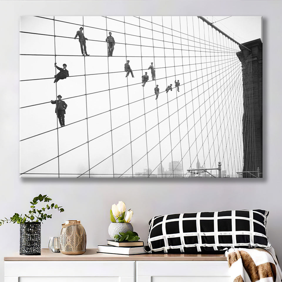 Brooklyn Bridge Black And White Print, Painters On The Brooklyn Bridge Canvas Prints Wall Art Home Decor