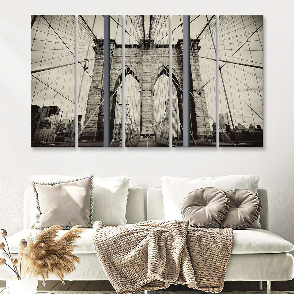 Brooklyn Bridge Black And White 5 Pieces Canvas Prints Wall Art - Painting Canvas, Multi Panels, Wall Decor