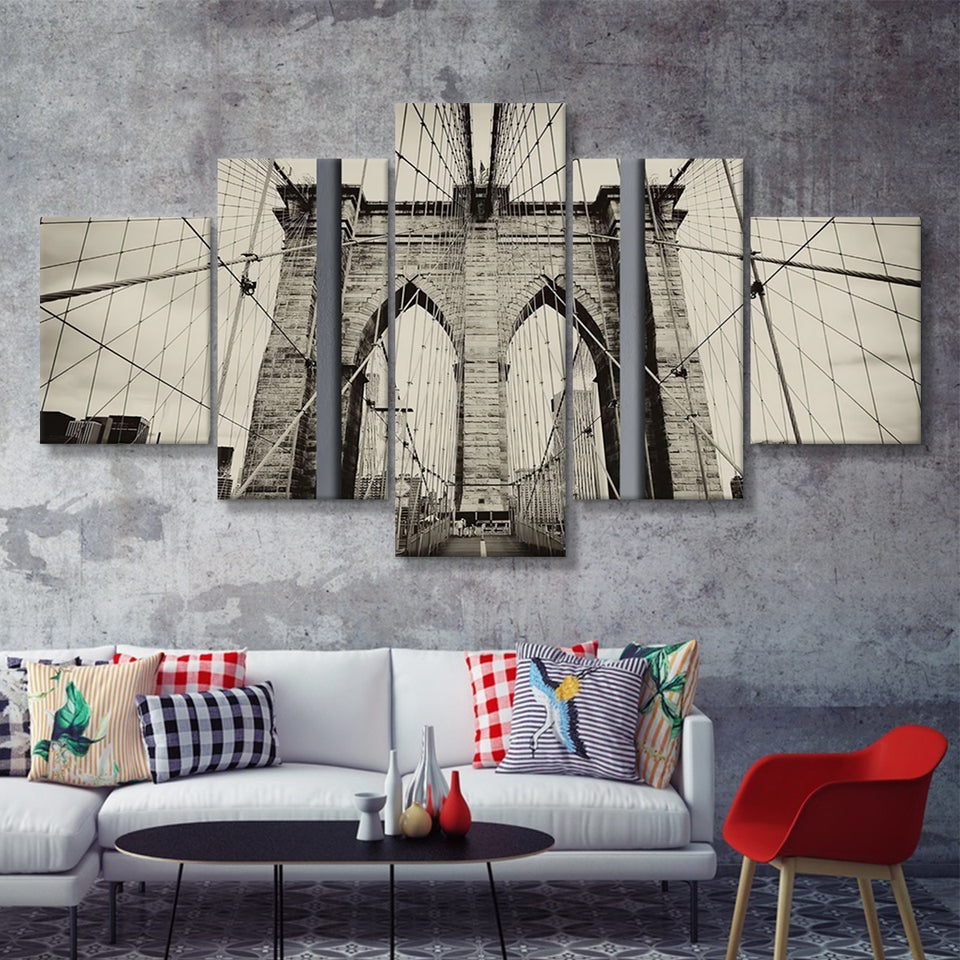 Brooklyn Bridge Black And White 5 Pieces Canvas Prints Wall Art - Painting Canvas, Multi Panels, Wall Decor
