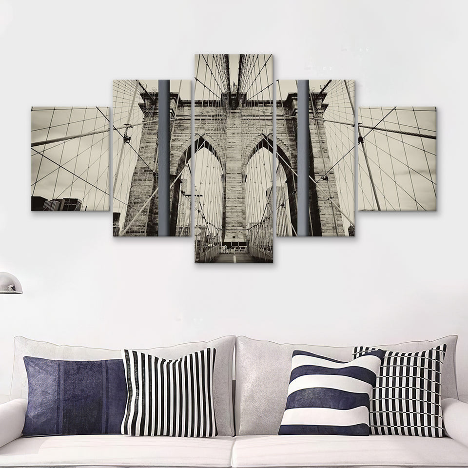 Brooklyn Bridge Black And White 5 Pieces Canvas Prints Wall Art - Painting Canvas, Multi Panels, Wall Decor