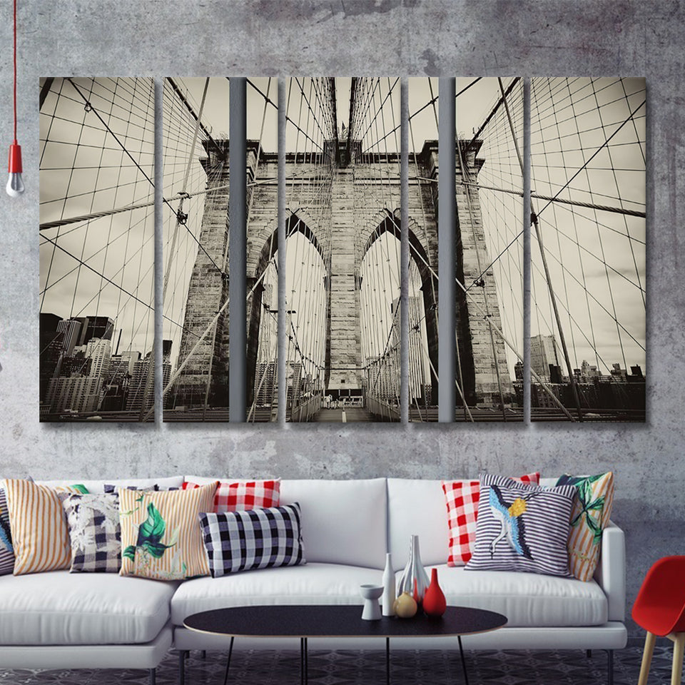 Brooklyn Bridge Black And White 5 Pieces Canvas Prints Wall Art - Painting Canvas, Multi Panels, Wall Decor