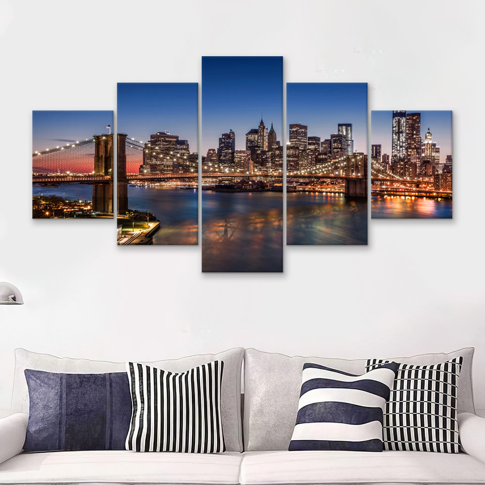Brooklyn Bridge Lower Manhattan 5 Piece Canvas Prints Wall Art - Painting Prints, Wall Decor,Multi Panel