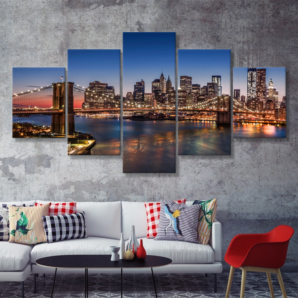 Brooklyn Bridge Lower Manhattan 5 Piece Canvas Prints Wall Art - Painting Prints, Wall Decor,Multi Panel