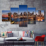 Brooklyn Bridge Lower Manhattan 5 Piece Canvas Prints Wall Art - Painting Prints, Wall Decor,Multi Panel