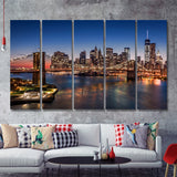 Brooklyn Bridge Lower Manhattan 5 Piece Canvas Prints Wall Art - Painting Prints, Wall Decor,Multi Panels