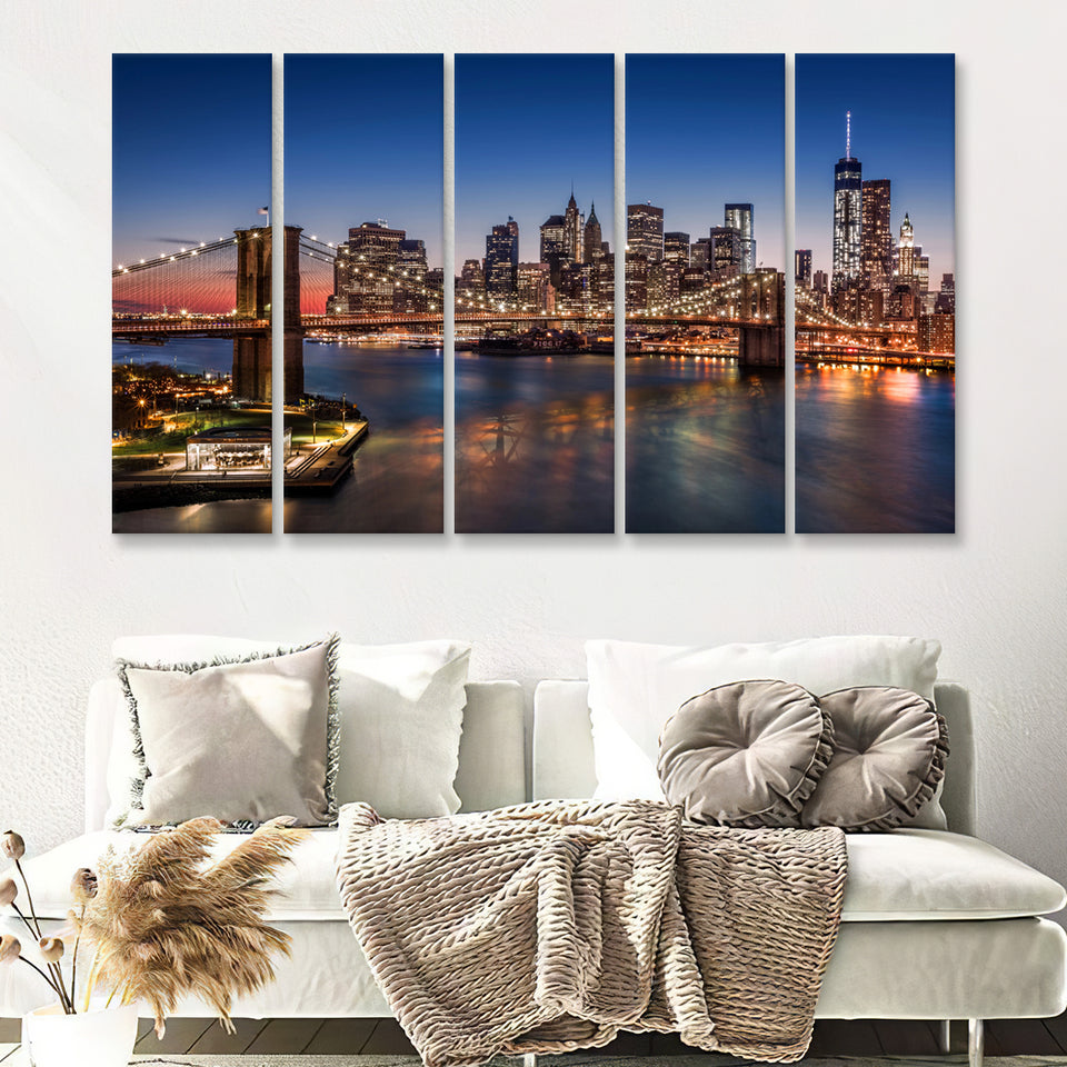 Brooklyn Bridge Lower Manhattan 5 Piece Canvas Prints Wall Art - Painting Prints, Wall Decor,Multi Panels