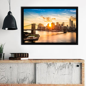 Brooklyn Bridge And The Lower Manhattan Skyline At Sunset Framed Canvas Wall Art - Framed Prints, Prints for Sale, Canvas Painting