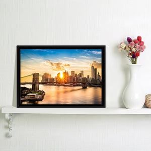 Brooklyn Bridge And The Lower Manhattan Skyline At Sunset Framed Canvas Wall Art - Framed Prints, Prints for Sale, Canvas Painting