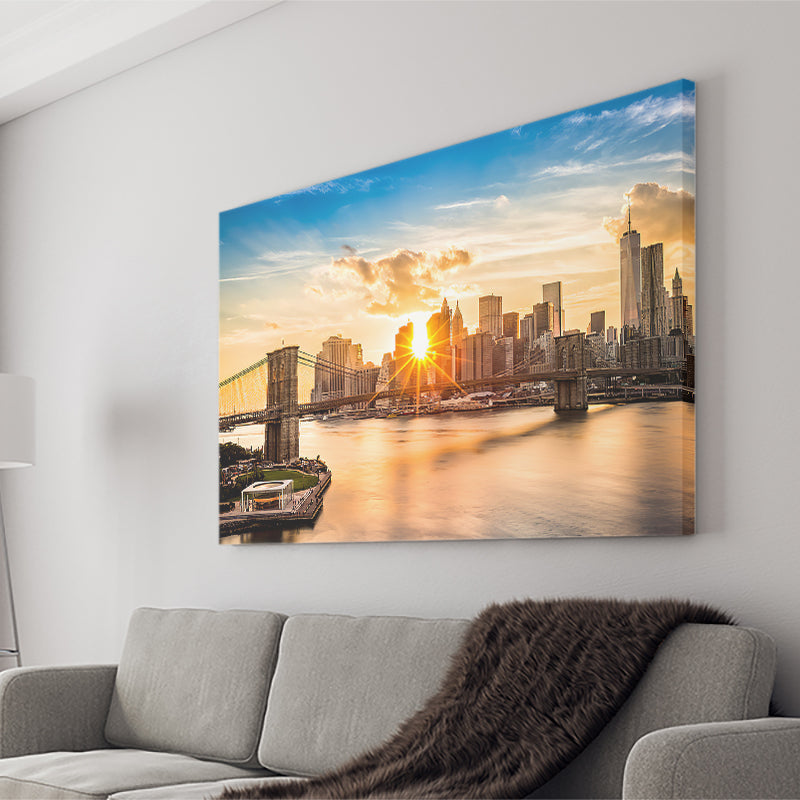 Brooklyn Bridge And The Lower Manhattan Skyline At Sunset Canvas Wall Art - Canvas Prints, Prints for Sale, Canvas Painting, Canvas On Sale