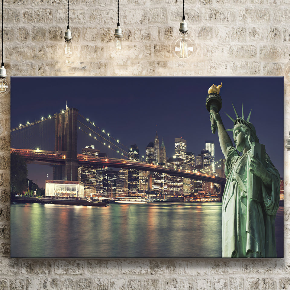 Brooklyn Bridge and the Statue of Liberty at Night New York City Building Canvas Prints Wall Art - Painting Canvas, Wall Decor, Home Decor