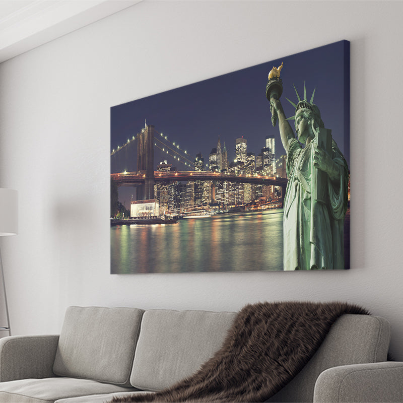 Brooklyn Bridge and the Statue of Liberty at Night New York City Building Canvas Prints Wall Art - Painting Canvas, Wall Decor, Home Decor