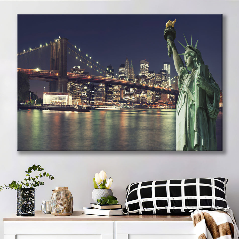 Brooklyn Bridge and the Statue of Liberty at Night New York City Building Canvas Prints Wall Art - Painting Canvas, Wall Decor, Home Decor
