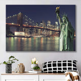 Brooklyn Bridge and the Statue of Liberty at Night New York City Building Canvas Prints Wall Art - Painting Canvas, Wall Decor, Home Decor