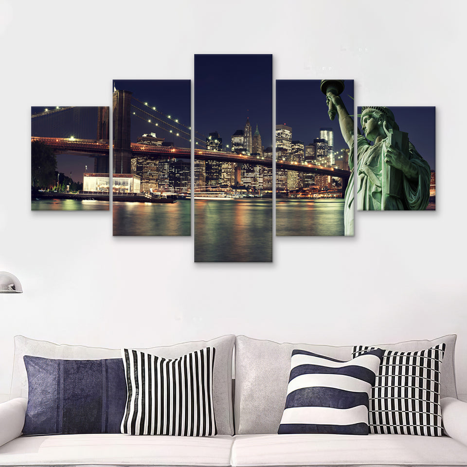 Brooklyn Bridge and the Statue of Liberty at Night New York City 5 Pieces Canvas Prints Wall Art - Painting Canvas, Multi Panels, Wall Decor