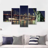 Brooklyn Bridge and the Statue of Liberty at Night New York City 5 Pieces Canvas Prints Wall Art - Painting Canvas, Multi Panels, Wall Decor