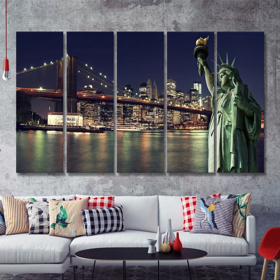 Brooklyn Bridge and the Statue of Liberty at Night New York City 5 Pieces Canvas Prints Wall Art - Painting Canvas, Multi Panels, Wall Decor