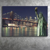 Brooklyn Bridge and the Statue of Liberty at Night New York City Building Canvas Prints Wall Art - Painting Canvas, Wall Decor, Home Decor