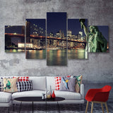 Brooklyn Bridge and the Statue of Liberty at Night New York City 5 Pieces Canvas Prints Wall Art - Painting Canvas, Multi Panels, Wall Decor