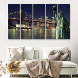 Brooklyn Bridge and the Statue of Liberty at Night New York City 5 Pieces Canvas Prints Wall Art - Painting Canvas, Multi Panels, Wall Decor