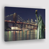 Brooklyn Bridge and the Statue of Liberty at Night New York City Building Canvas Prints Wall Art - Painting Canvas, Wall Decor, Home Decor