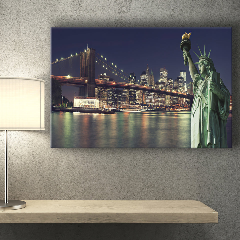 Brooklyn Bridge and the Statue of Liberty at Night New York City Building Canvas Prints Wall Art - Painting Canvas, Wall Decor, Home Decor