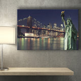 Brooklyn Bridge and the Statue of Liberty at Night New York City Building Canvas Prints Wall Art - Painting Canvas, Wall Decor, Home Decor