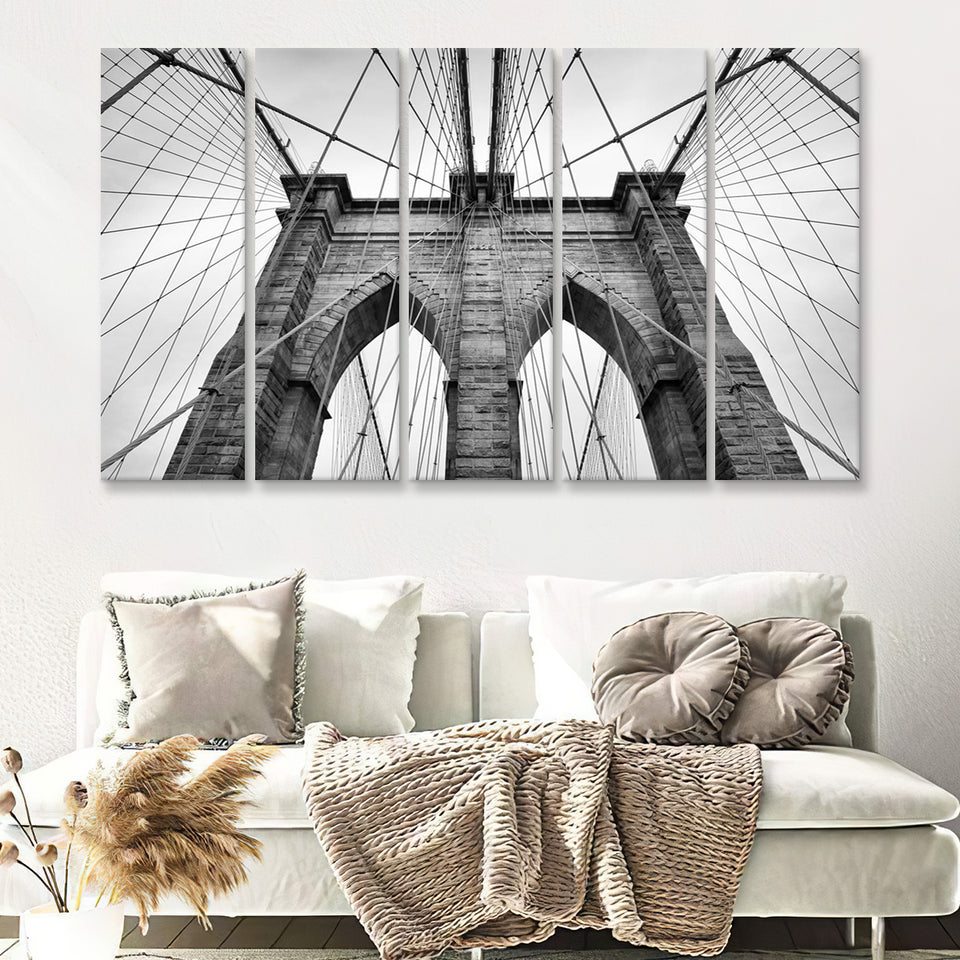 Brooklyn Bridge in New York City Black and White 5 Piece B Canvas Prints Wall Art Decor - Painting Canvas, Multi Panels