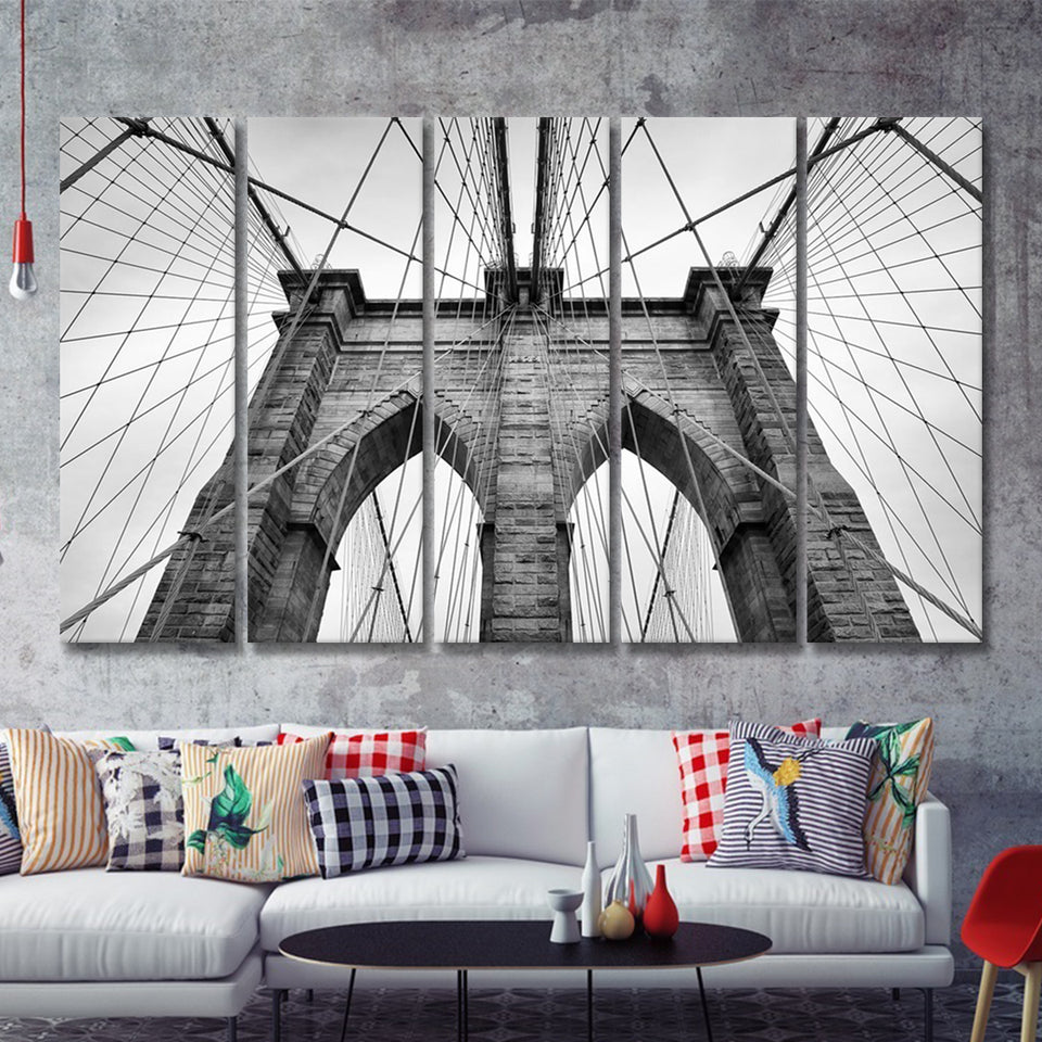 Brooklyn Bridge in New York City Black and White 5 Piece B Canvas Prints Wall Art Decor - Painting Canvas, Multi Panels