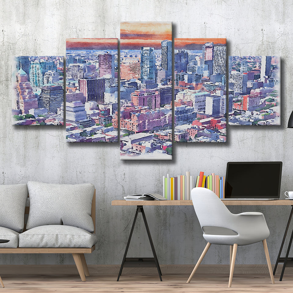 Brooklyn Watercolor Brooklyn New York, 5 Pieces, Multi Panel Canvas Prints Wall Art Decor