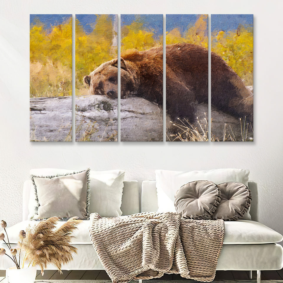 Brown Bear Resting on a Log 5 Piece B Canvas Prints Wall Art Decor - Painting Canvas, Multi Panels