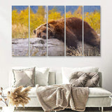 Brown Bear Resting on a Log 5 Piece B Canvas Prints Wall Art Decor - Painting Canvas, Multi Panels