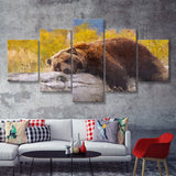 Brown Bear Resting on a Log 5 Piece Canvas Prints Wall Art Decor - Painting Canvas, Multi Panels