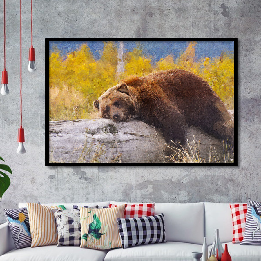 Brown Bear Resting on a Log Framed Art Prints Wall Decor - Painting Prints, Framed Picture, Home Decor