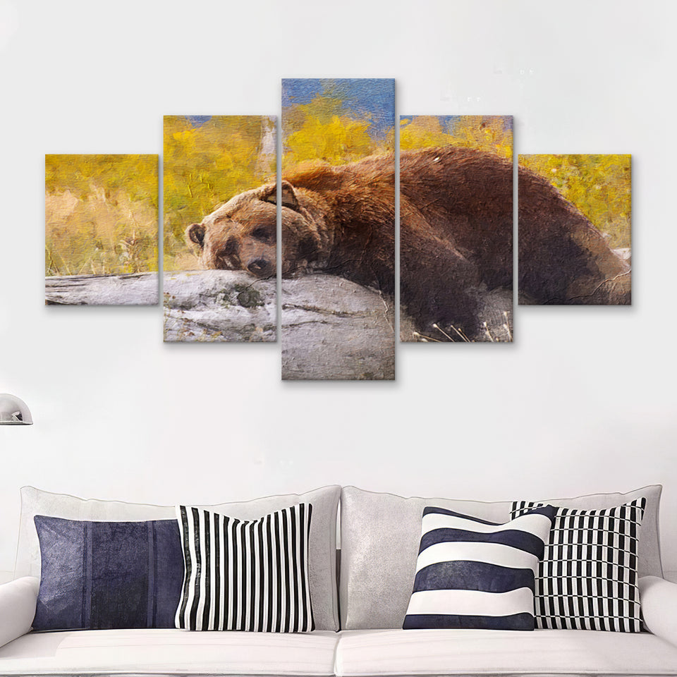 Brown Bear Resting on a Log 5 Piece Canvas Prints Wall Art Decor - Painting Canvas, Multi Panels