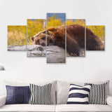 Brown Bear Resting on a Log 5 Piece Canvas Prints Wall Art Decor - Painting Canvas, Multi Panels