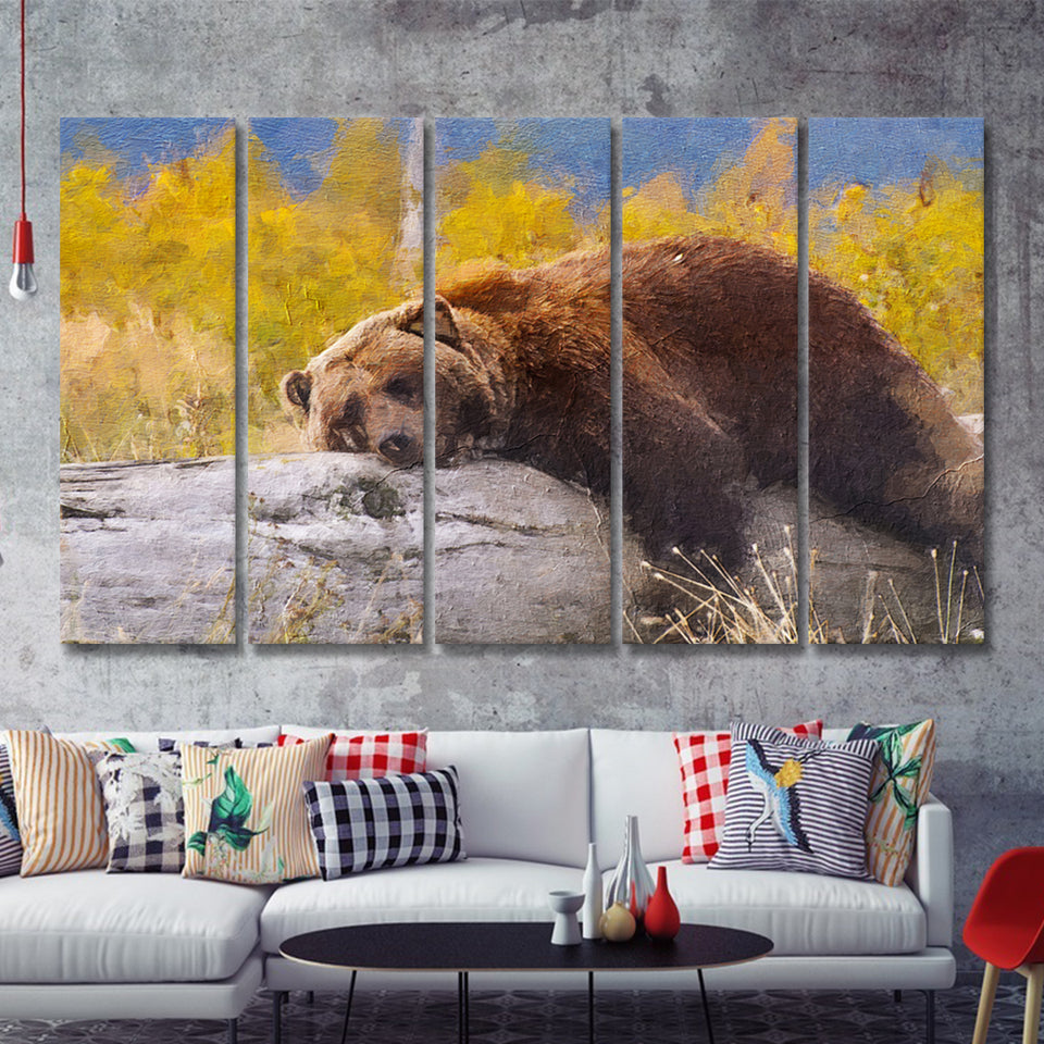 Brown Bear Resting on a Log 5 Piece B Canvas Prints Wall Art Decor - Painting Canvas, Multi Panels