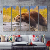 Brown Bear Resting on a Log 5 Piece B Canvas Prints Wall Art Decor - Painting Canvas, Multi Panels